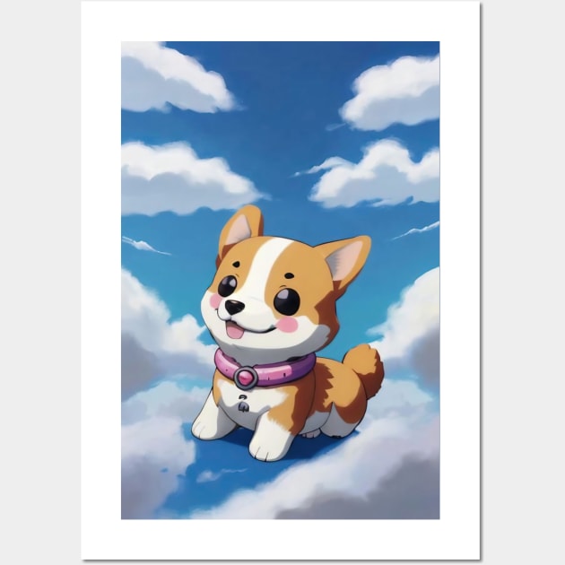 Super Cute Anime Corgi on the Clouds Wall Art by FurryBallBunny